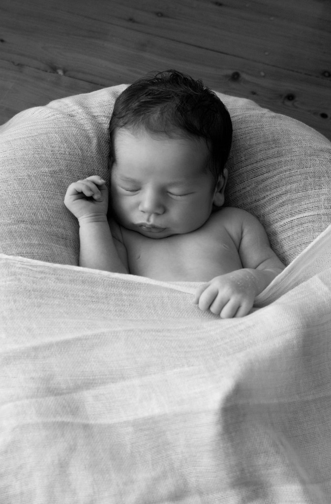 black and white newborn photograph. Baby asleep on a round posing pillow